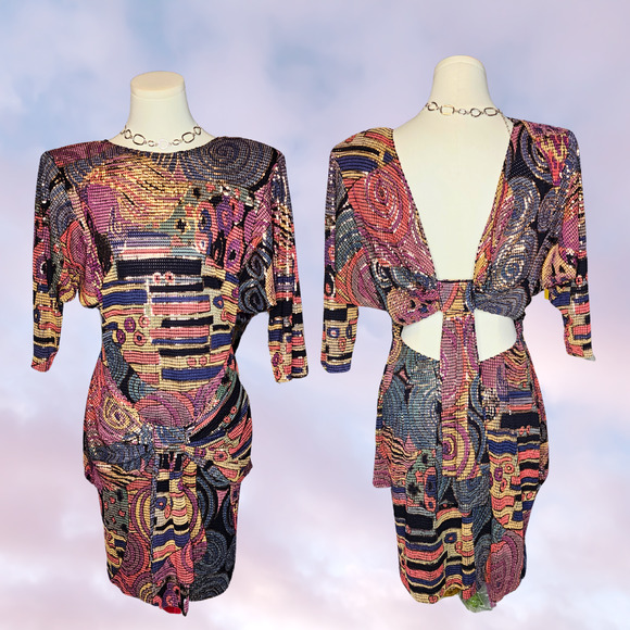 Vtg 80s Cache Funky Colorful Abstract Avant Garde Party Shimmer Italy Dress Sz M - Picture 1 of 8